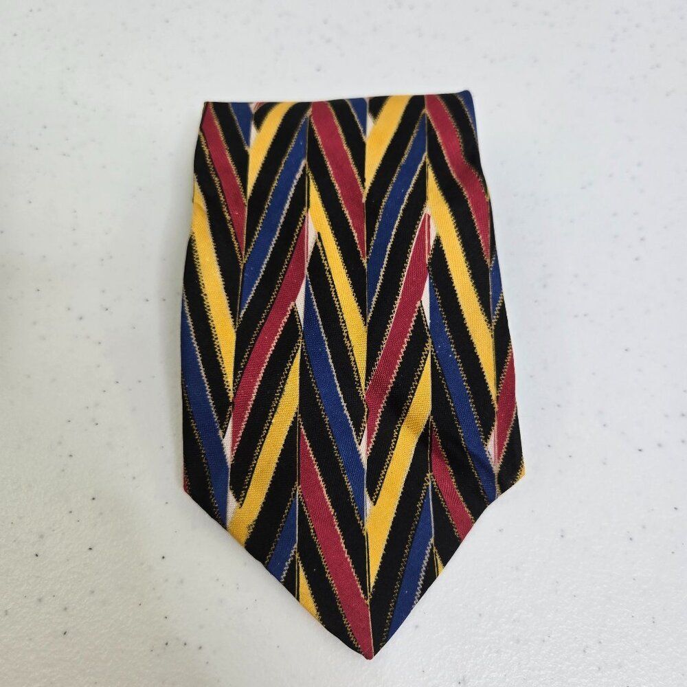 Vintage Valentino Giovanni Tie Necktie 100% Silk Stripe Red Blue Black Chevron